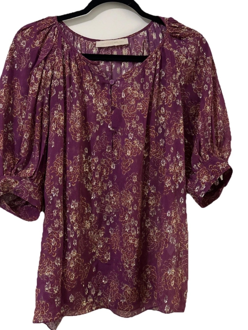 Vanessa Bruno Seban Blouse Metallic Floral Purple  Boho Sz  40 USA M